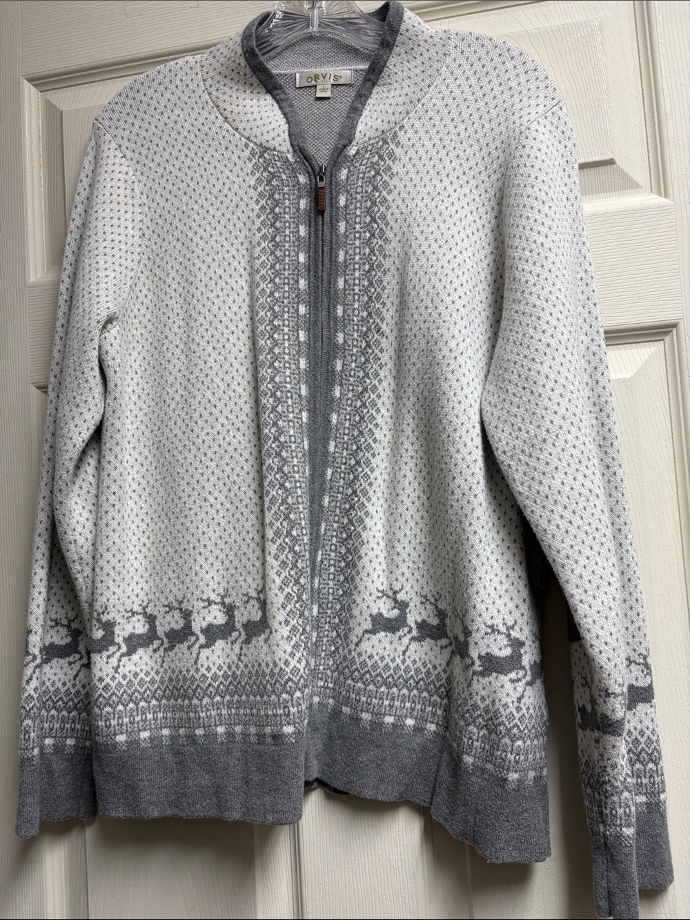 Orvis Women's Gray and White Zip-Up Fair Isle Cardigan, size Large